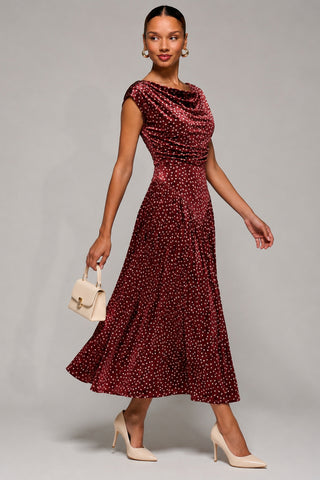 Cowl Neck Velvet Midaxi Dress, Burgundy Polka Dot