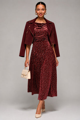 Cowl Neck Velvet Midaxi Dress, Burgundy Polka Dot