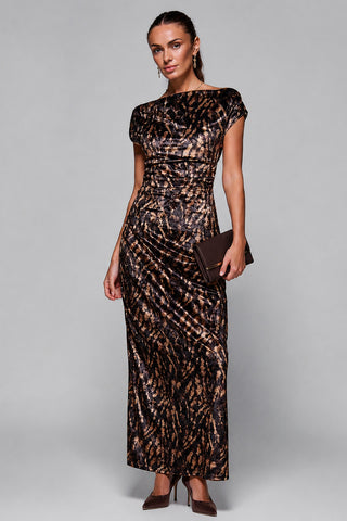 Velvet Draped Maxi Dress, Brown Animal