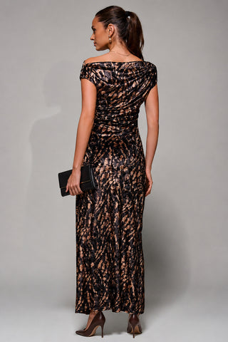 Velvet Draped Maxi Dress, Brown Animal