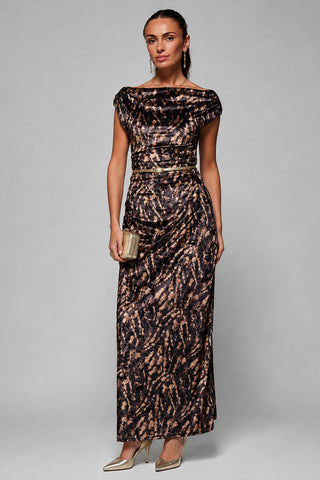 Velvet Draped Maxi Dress, Brown Animal