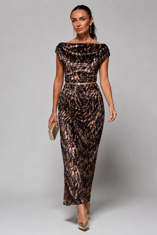 Velvet Draped Maxi Dress, Brown Animal