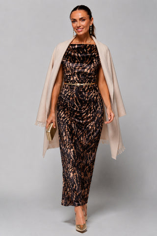 Velvet Draped Maxi Dress, Brown Animal