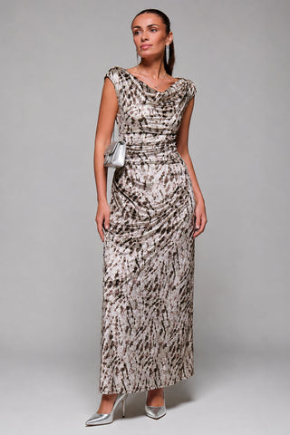 Velvet Draped Maxi Dress, Brown Animal, Neutral Animal