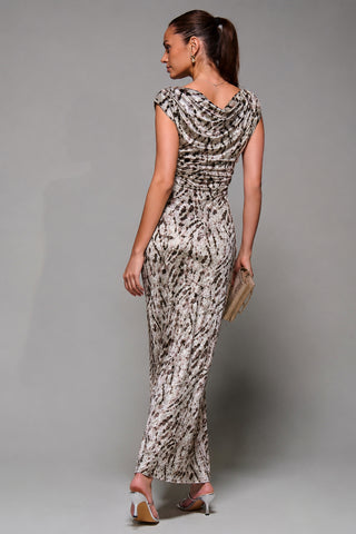 Velvet Draped Maxi Dress, Brown Animal, Neutral Animal