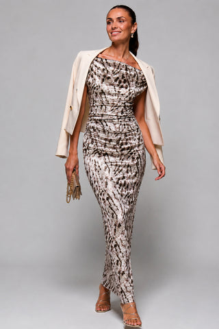 Velvet Draped Maxi Dress, Brown Animal, Neutral Animal
