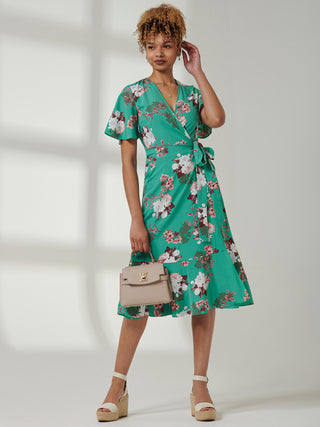 Wylla Wrap Woven Midi Dress, Green Floral Jolie Moi Retail Wylla Wrap Woven Midi Dress, Green Floral Jolie Moi Retail