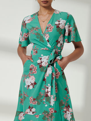 Wylla Wrap Woven Midi Dress, Green Floral