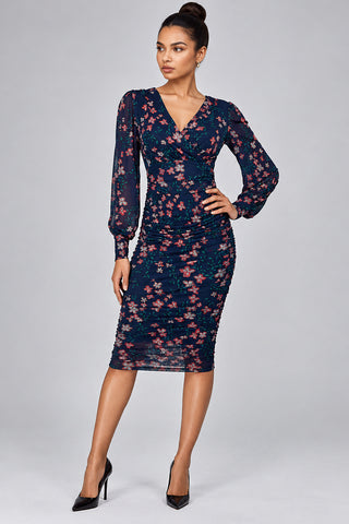 Mesh Bodycon Midi Dress, Navy Pink Multi