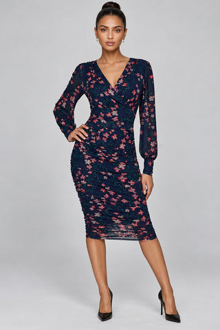 Mesh Bodycon Midi Dress, Navy Pink Multi