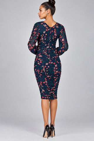 Mesh Bodycon Midi Dress, Navy Pink Multi