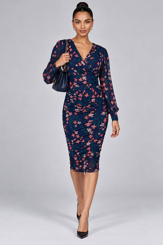 Mesh Bodycon Midi Dress, Navy Pink Multi