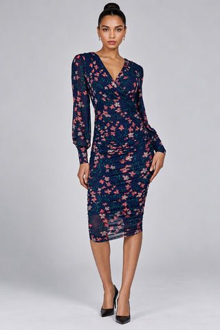Mesh Bodycon Midi Dress, Navy Pink Multi