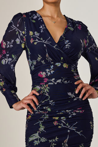 Mesh Bodycon Midi Dress, Navy Red Floral
