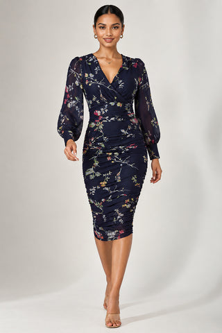 Mesh Bodycon Midi Dress, Navy Red Floral