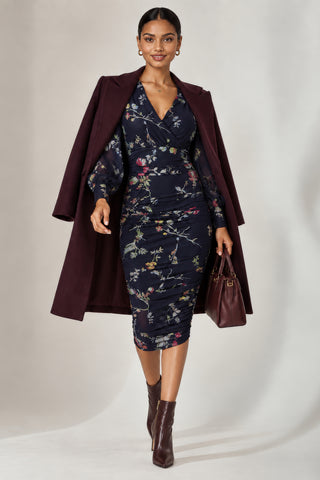 Mesh Bodycon Midi Dress, Navy Red Floral