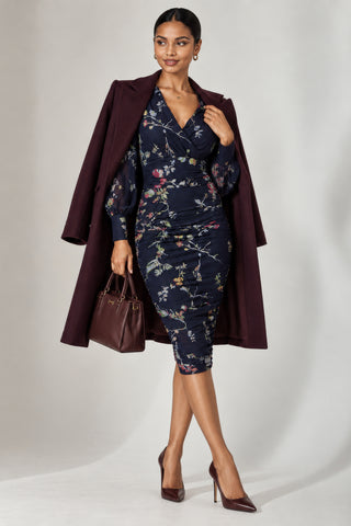 Mesh Bodycon Midi Dress, Navy Red Floral