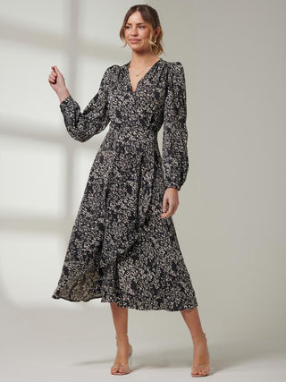 Crepe Wrap Long Sleeve Midi Dress, Black Spot