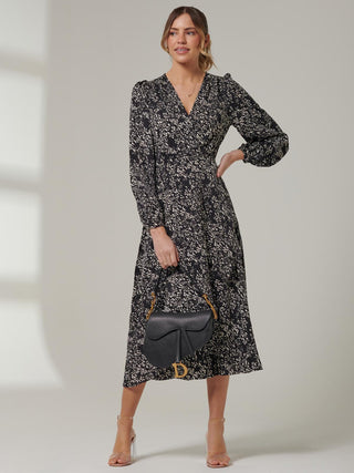 Crepe Wrap Long Sleeve Midi Dress, Black Spot