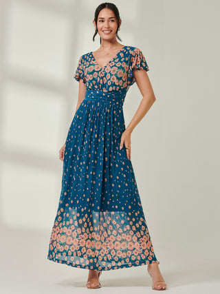 Carlii Symmetrical Print Mesh Maxi Dress, Teal Floral