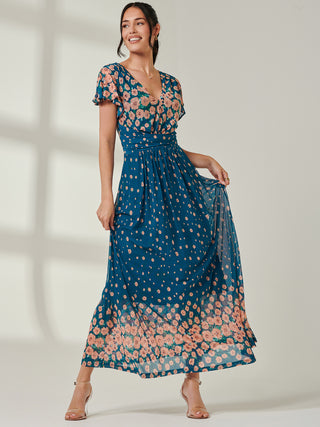 Carlii Symmetrical Print Mesh Maxi Dress, Teal Floral