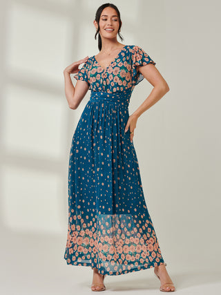 Carlii Symmetrical Print Mesh Maxi Dress, Teal Floral