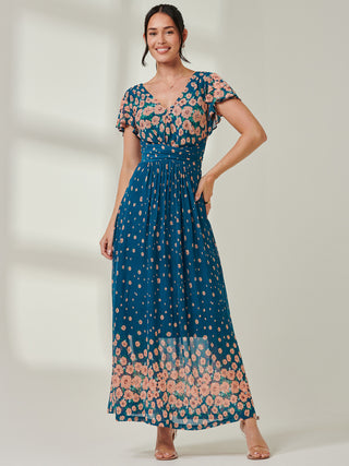 Carlii Symmetrical Print Mesh Maxi Dress, Teal Floral