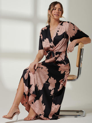 Willow Satin Wrap Tie Waist Dress, Black Pink Floral