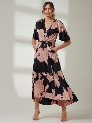 Willow Satin Wrap Tie Waist Dress, Black Pink Floral