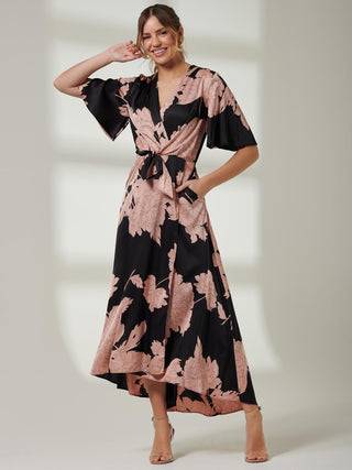 Willow Satin Wrap Tie Waist Dress, Black Pink Floral Jolie Moi Retail Willow Satin Wrap Tie Waist Dress, Black Pink Floral Jolie Moi Retail
