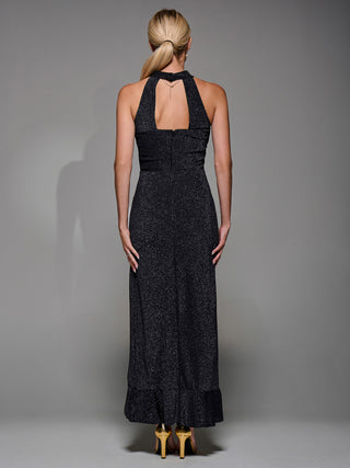Halter Neck Glitter Jersey Maxi Dress Black