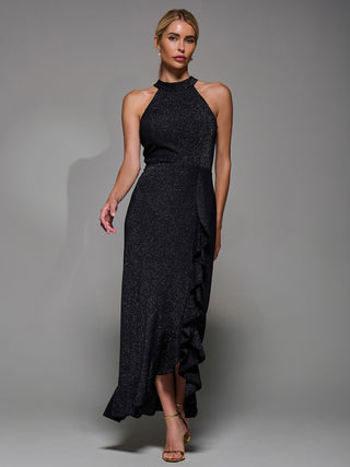 Halter Neck Glitter Jersey Maxi Dress Black