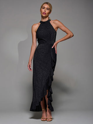 Halter Neck Glitter Jersey Maxi Dress Black