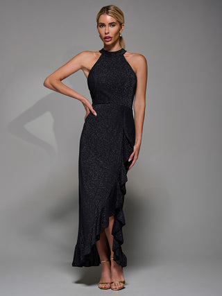 Halter Neck Glitter Jersey Maxi Dress Black