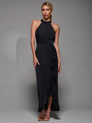 Halter Neck Glitter Jersey Maxi Dress Black