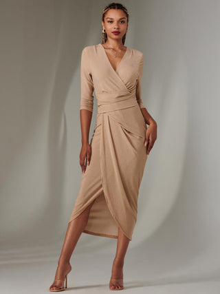 Wrap Sparkly Maxi Bodycon Dress, Nude