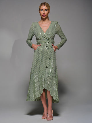 Metalic Spot Long Sleeve Maxi Dress Green Silver