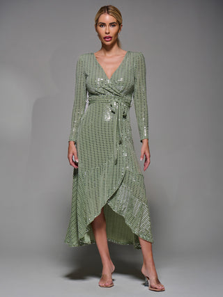 Metalic Spot Long Sleeve Maxi Dress Green Silver