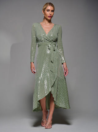 Metalic Spot Long Sleeve Maxi Dress Green Silver