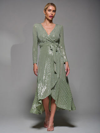 Metalic Spot Long Sleeve Maxi Dress Green Silver