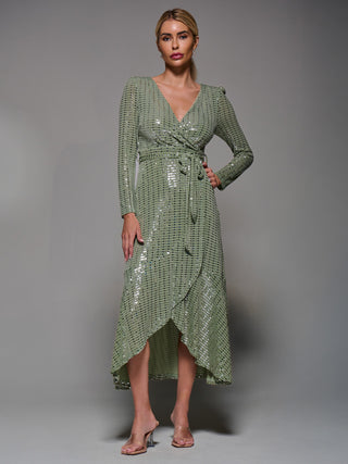 Metalic Spot Long Sleeve Maxi Dress Green Silver