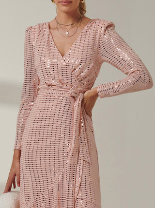 Sparkly Glitter Wrap Flare Maxi Dress, Dusty Pink