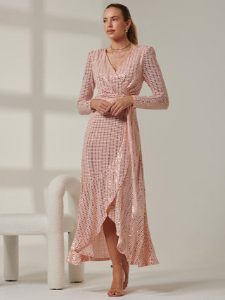 Sparkly Glitter Wrap Flare Maxi Dress, Dusty Pink