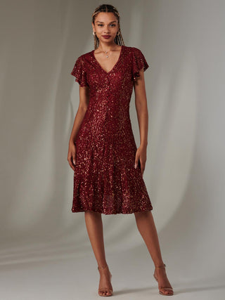 Sequin Fit Flare Midi Dress, Burgundy Multi