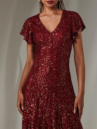 Sequin Fit & Flare Midi Dress, Burgundy Multi