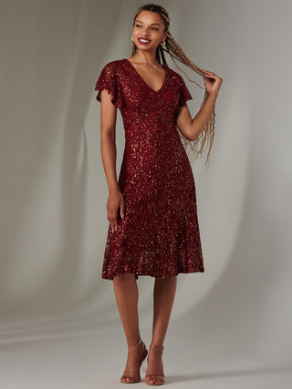 Sequin Fit & Flare Midi Dress, Burgundy Multi