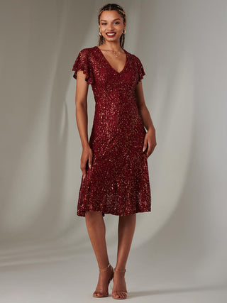 Sequin Fit & Flare Midi Dress, Burgundy Multi