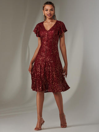 Sequin Fit & Flare Midi Dress, Burgundy Multi