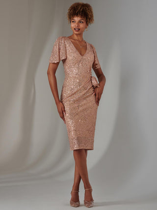 All Over Sequin Dress Midi Dress, Rose Gold