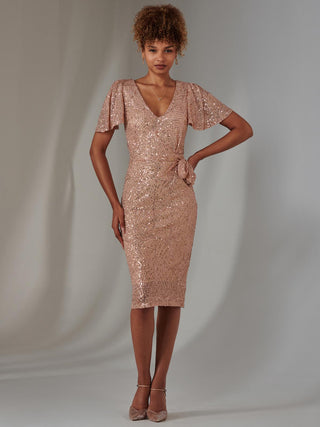 All Over Sequin Dress Midi Dress, Rose Gold